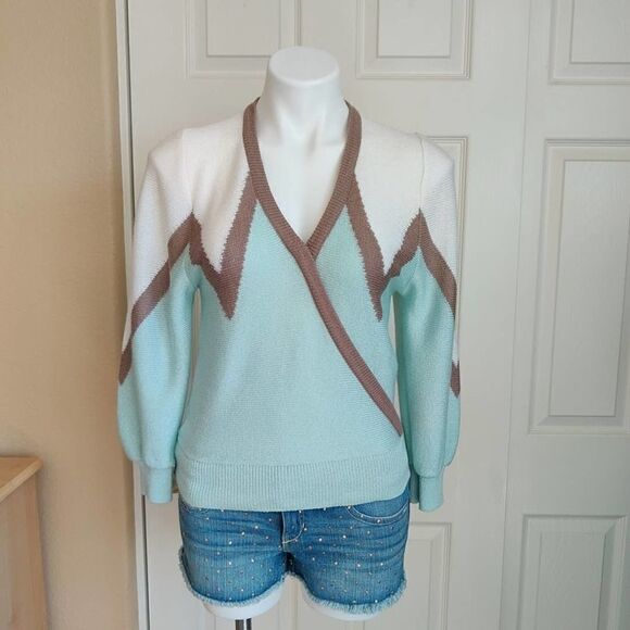 Vintage Laura by Alyzia zig zag v-neck 3/4 puffy sleeve sweater - Picture 1 of 8